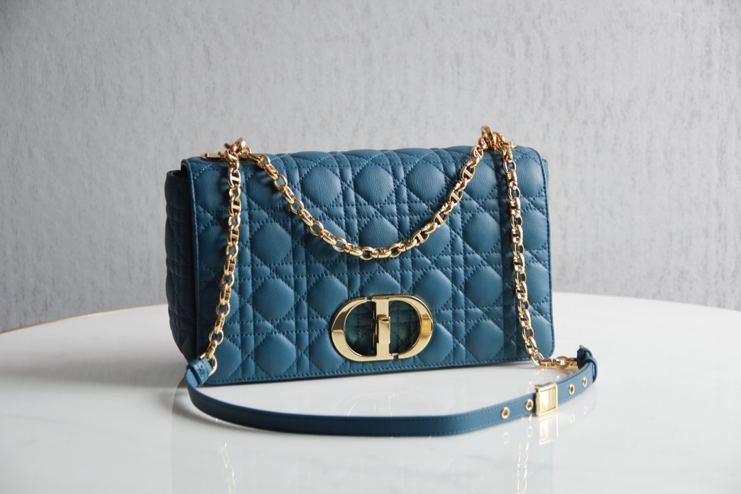 Large Dior Caro Bag Blue Supple Cannage Calfskin